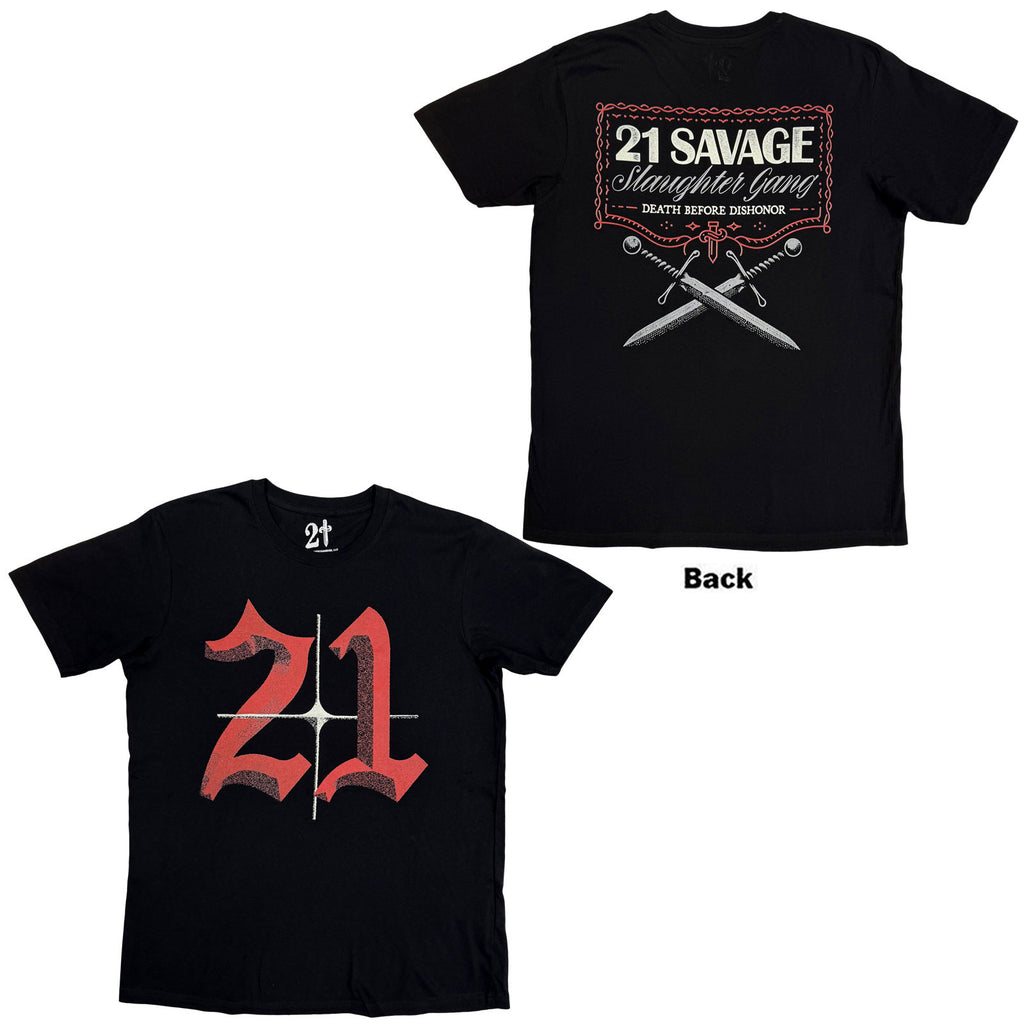 21 Savage Unisex T-Shirt: Death Before Dishonor Daggers (Black) (Back Print)
