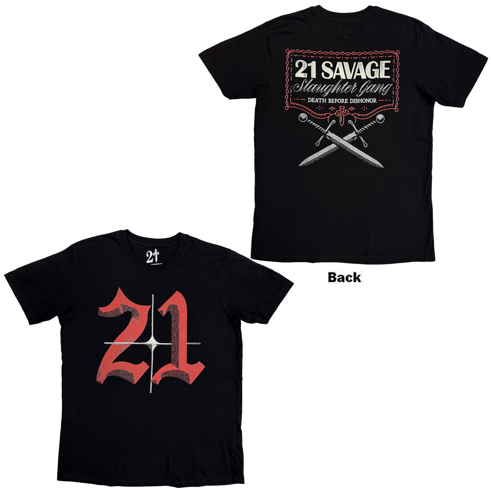 21 Savage Unisex T-Shirt: Death Before Dishonor Daggers (Black) (Back Print)