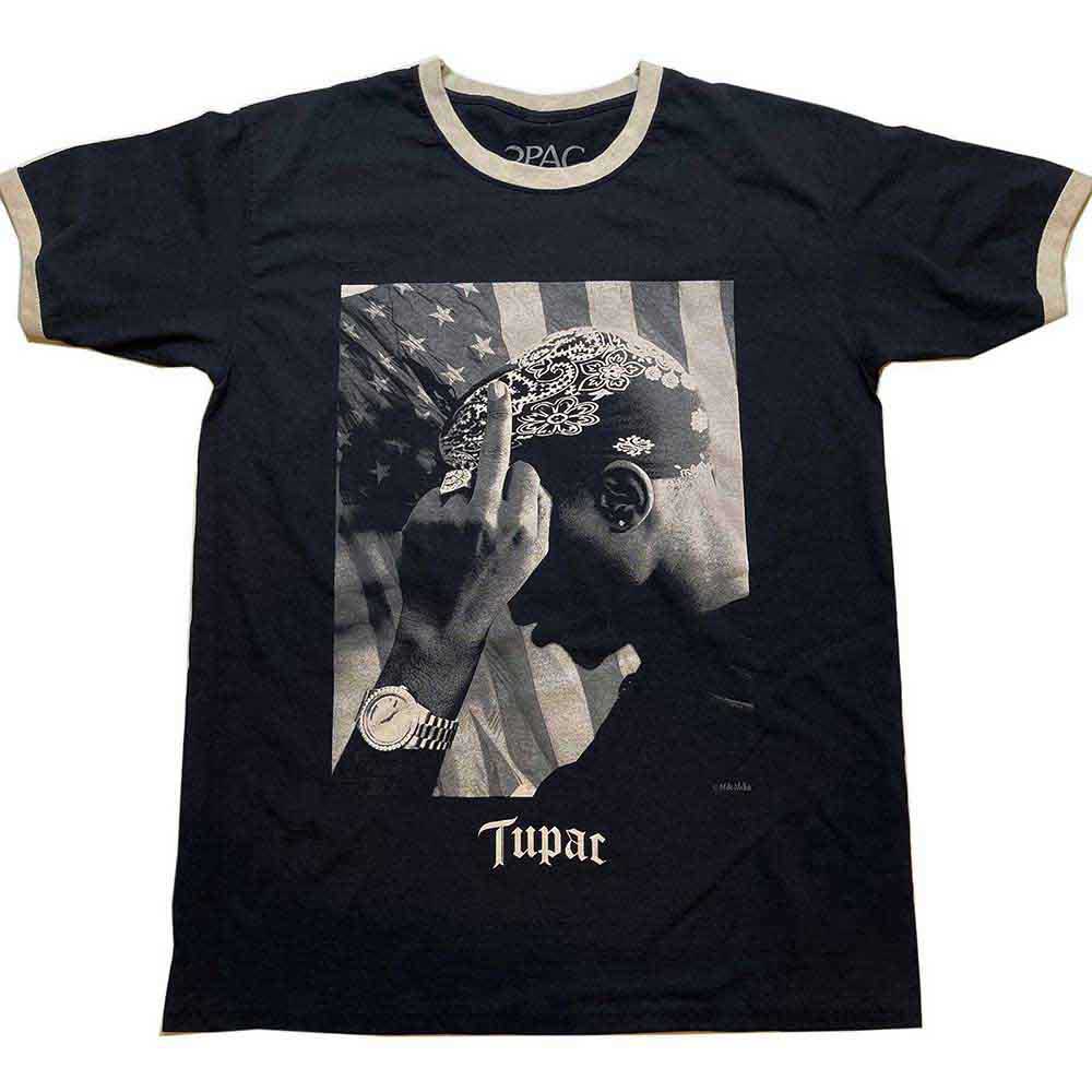 Tupac Unisex Ringer T-Shirt: Flag Photo (Black & Cream)