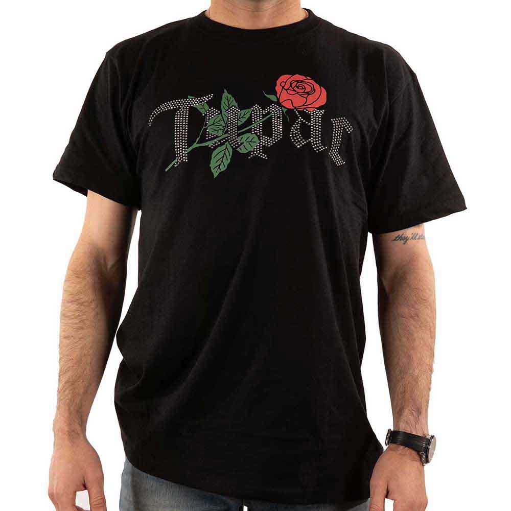 Tupac Unisex T-Shirt: Rose Logo (Black) (Embellished)