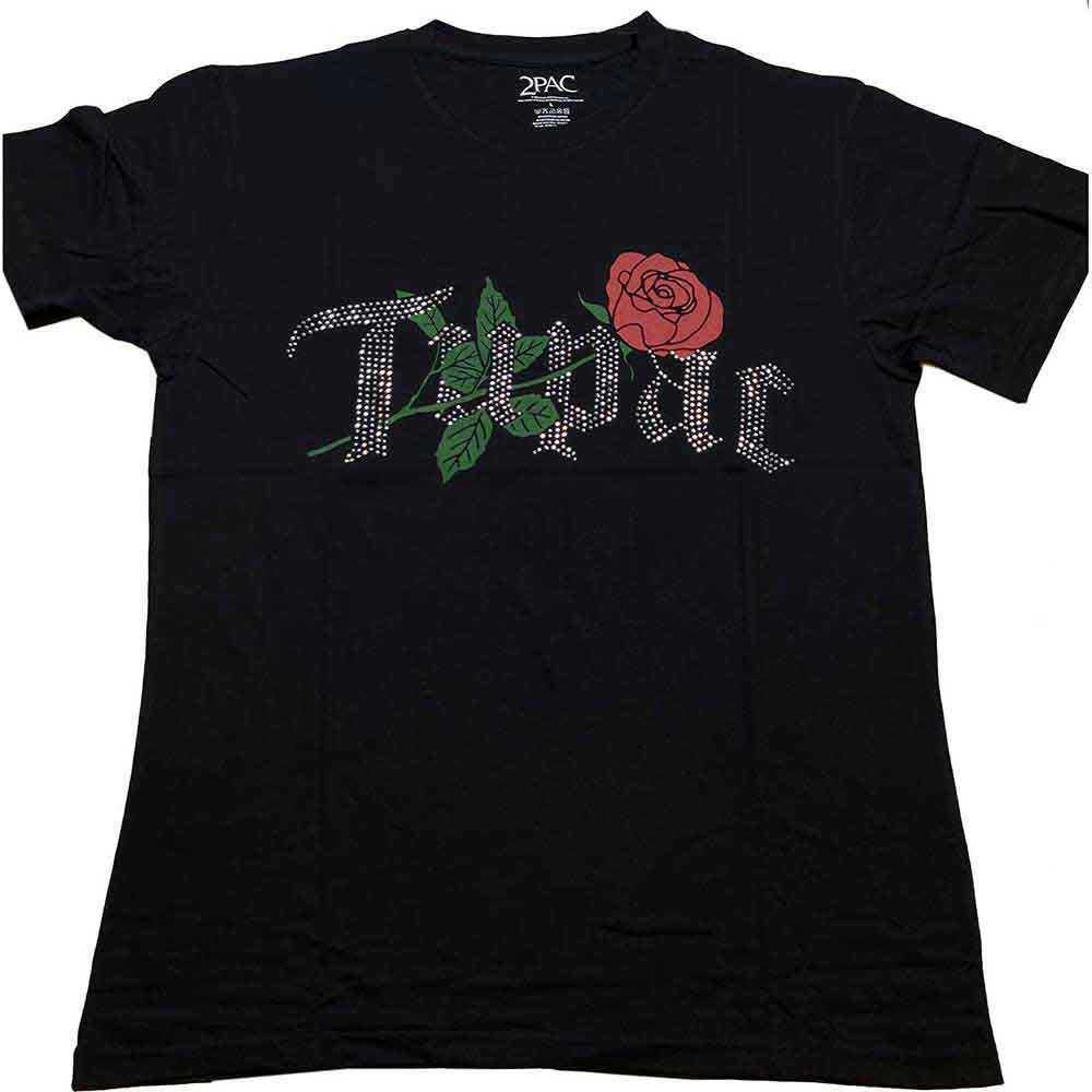 Tupac Unisex T-Shirt: Rose Logo (Black) (Embellished)