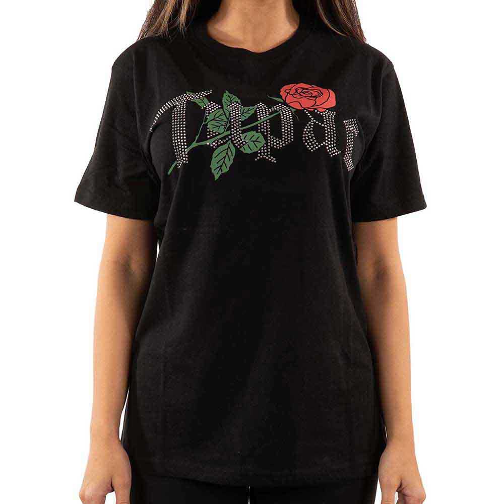 Tupac Unisex T-Shirt: Rose Logo (Black) (Embellished)