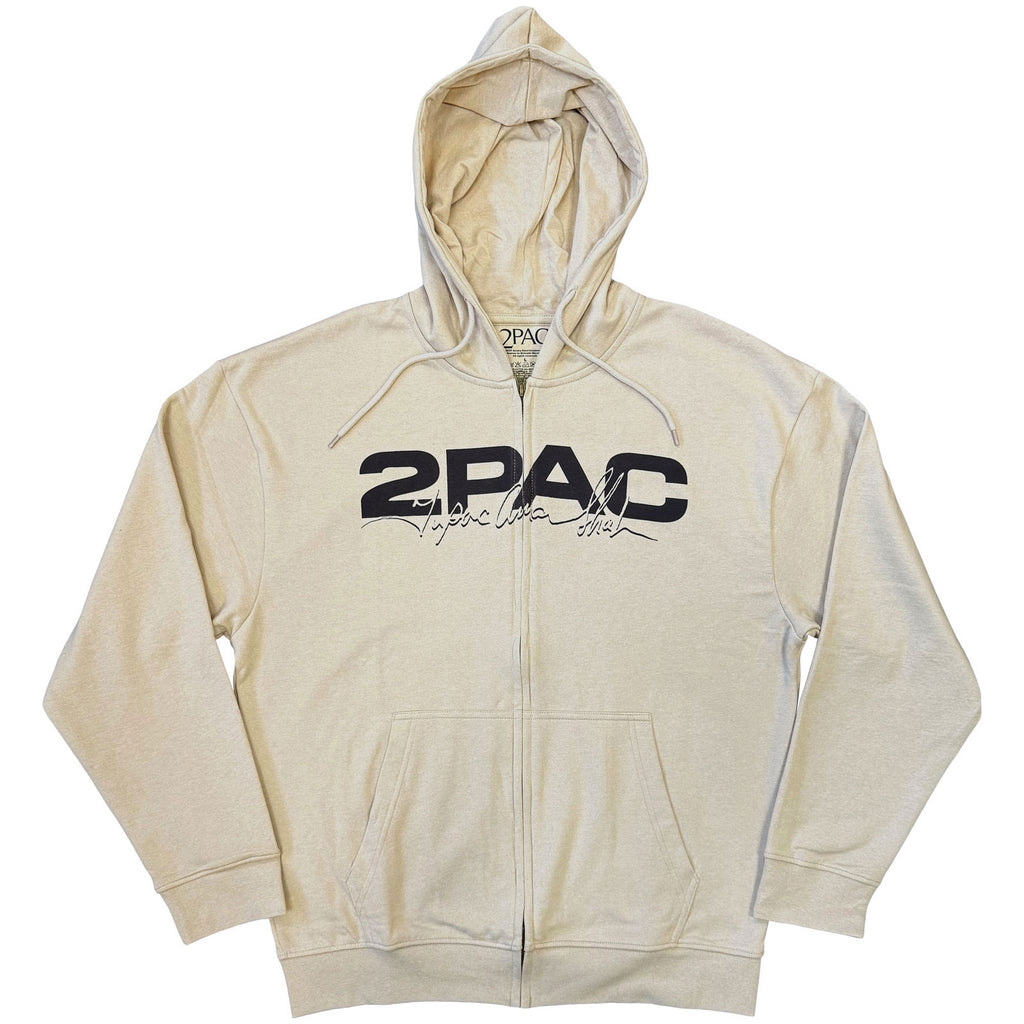 Tupac Unisex Zipped Hoodie: Logo & Black Portrait (Sand) (Back Print)