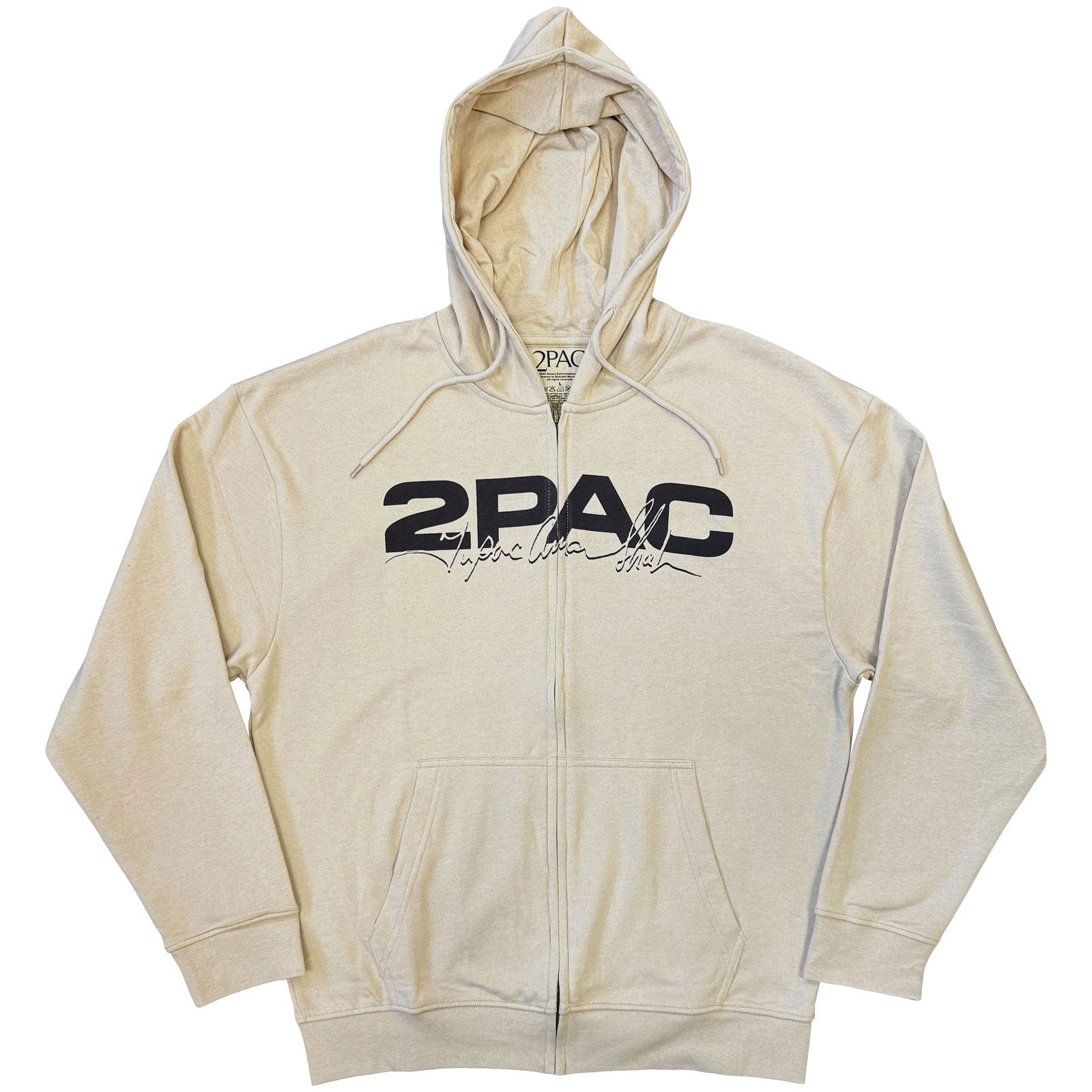 Tupac Unisex Zipped Hoodie: Logo & Black Portrait (Sand) (Back Print)