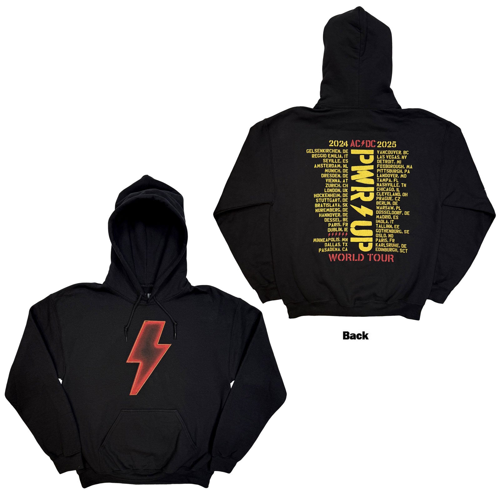 AC/DC Unisex Pullover Hoodie: Lightning Bolt World Tour '24-'25 (Black) (Back Print & Ex-Tour)