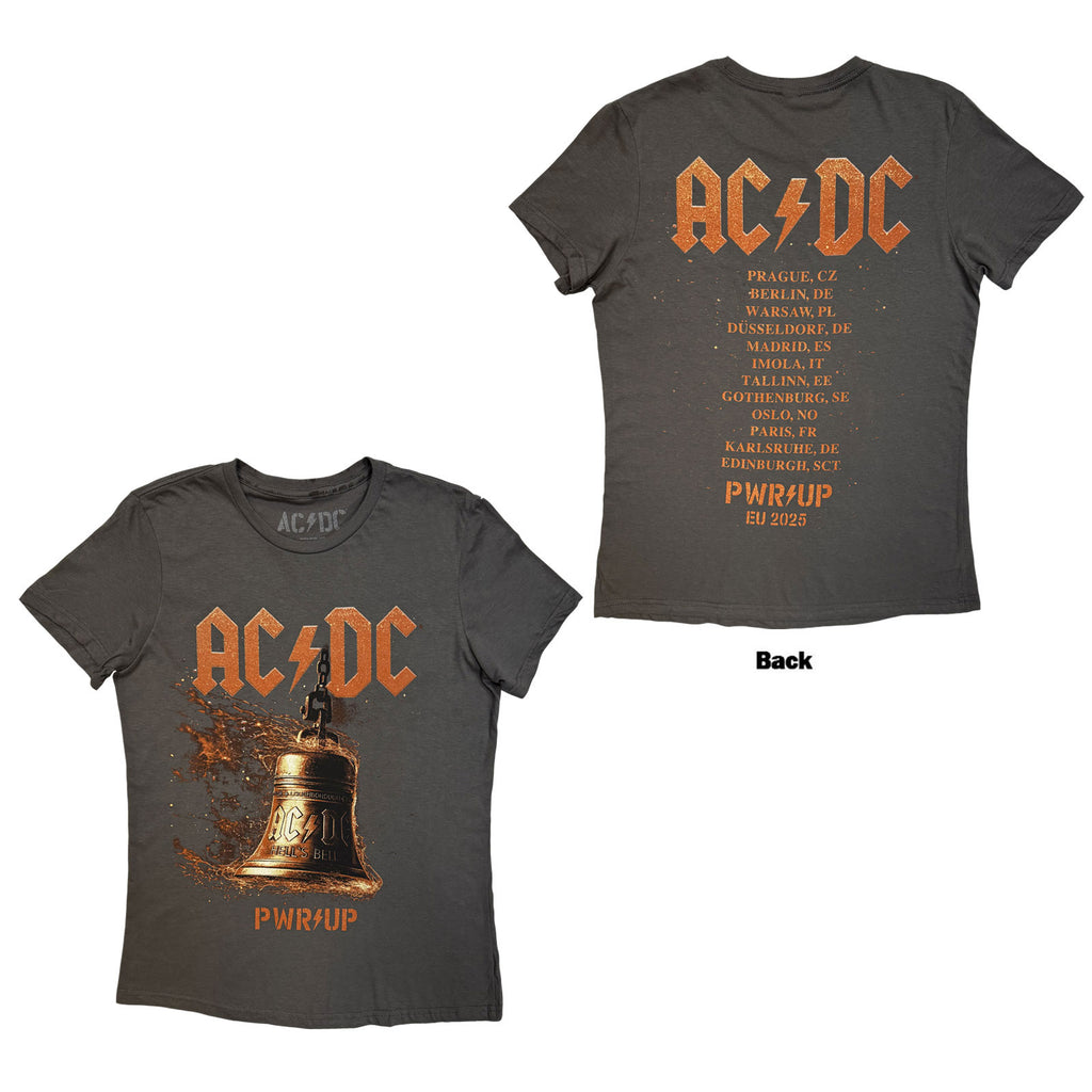 AC/DC Ladies T-Shirt: Bell Lightning EU Tour '25 (Charcoal Grey) (Back Print & Ex-Tour)