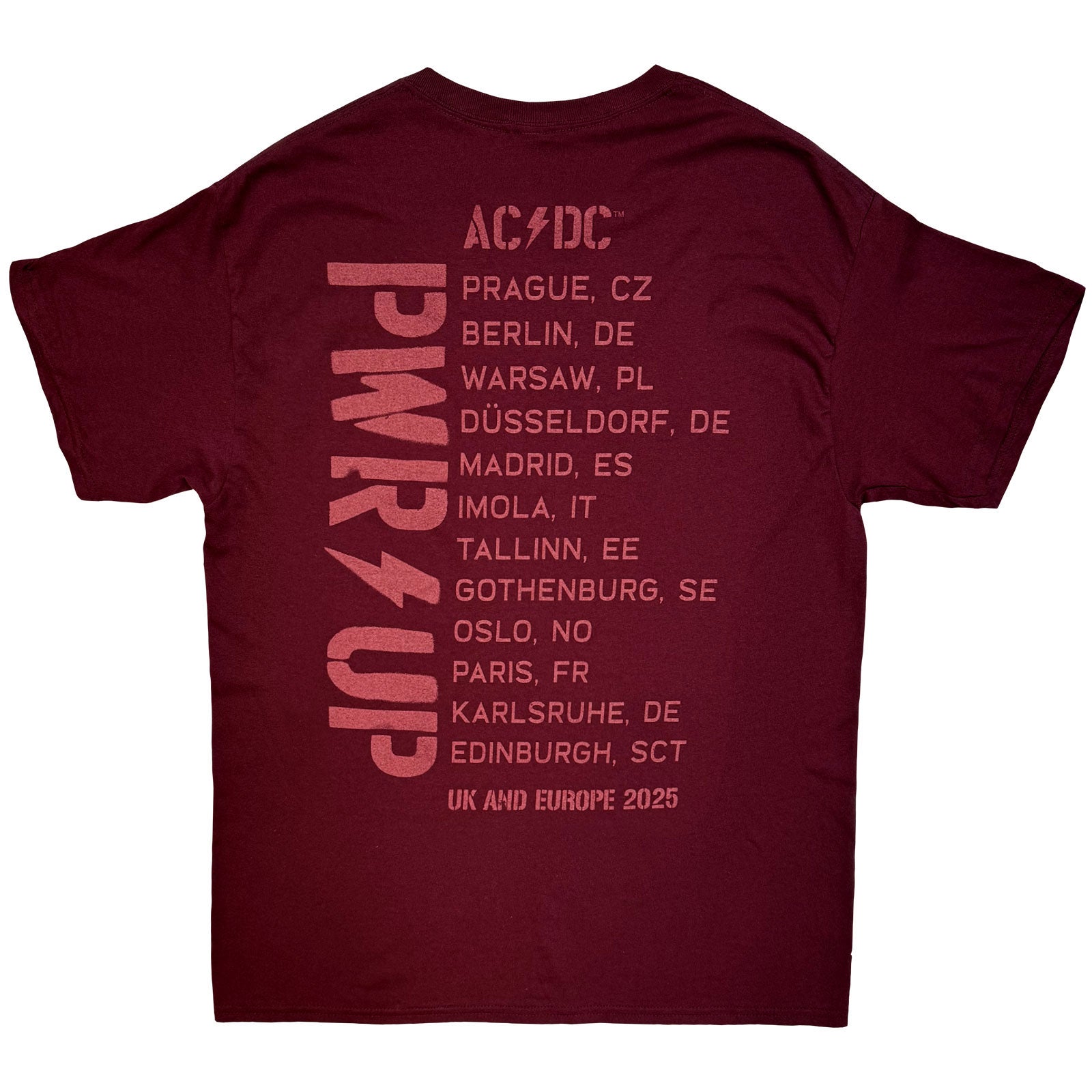 AC/DC Unisex T-Shirt: Logo EU Tour '25 (Maroon Red) (Back Print & Ex-Tour)