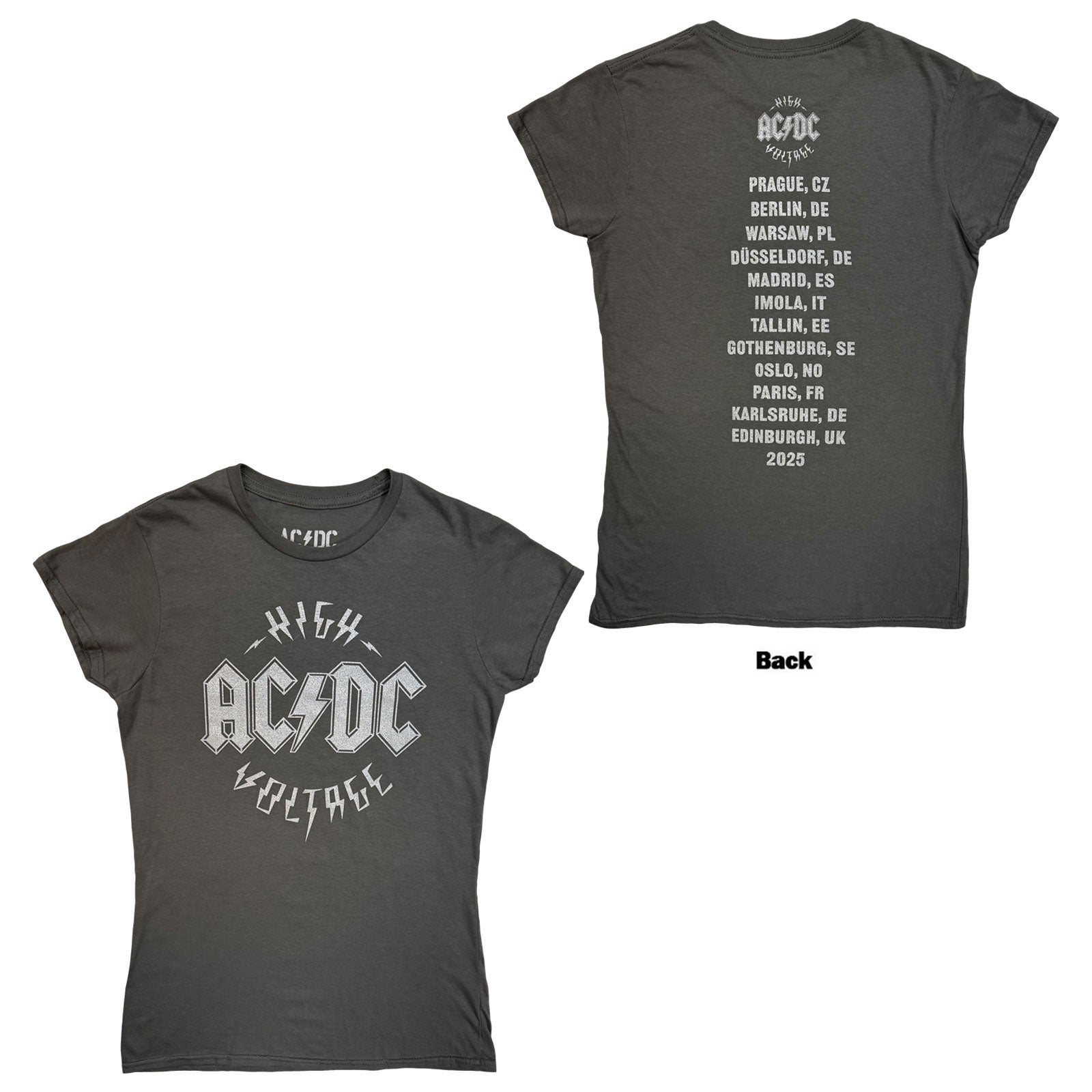 AC/DC Ladies T-Shirt: Silver High Voltage EU Tour '25 (Charcoal Grey) (Back Print & Ex-Tour)