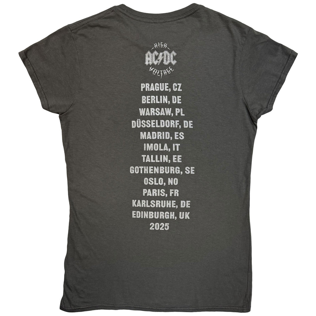 AC/DC Ladies T-Shirt: Silver High Voltage EU Tour '25 (Charcoal Grey) (Back Print & Ex-Tour)
