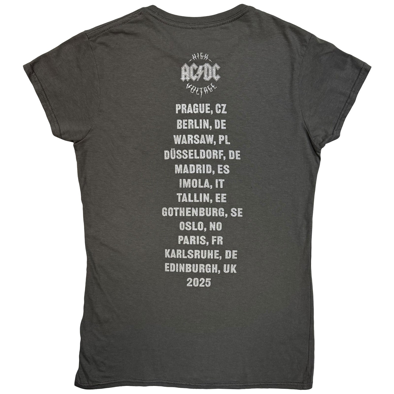 AC/DC Ladies T-Shirt: Silver High Voltage EU Tour '25 (Charcoal Grey) (Back Print & Ex-Tour)