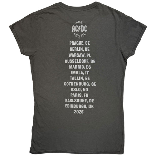 AC/DC Ladies T-Shirt: Silver High Voltage EU Tour '25 (Charcoal Grey) (Back Print & Ex-Tour)