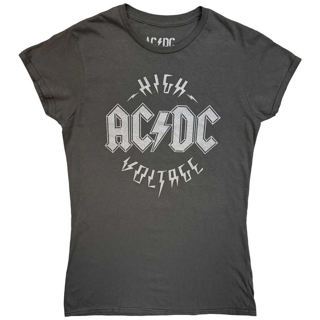 AC/DC Ladies T-Shirt: Silver High Voltage EU Tour '25 (Charcoal Grey) (Back Print & Ex-Tour)