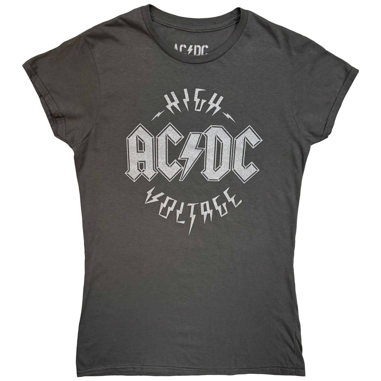 AC/DC Ladies T-Shirt: Silver High Voltage EU Tour '25 (Charcoal Grey) (Back Print & Ex-Tour)