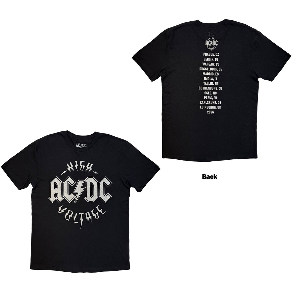 AC/DC Unisex T-Shirt: Silver High Voltage EU Tour '25 (Black) (Back Print & Ex-Tour)