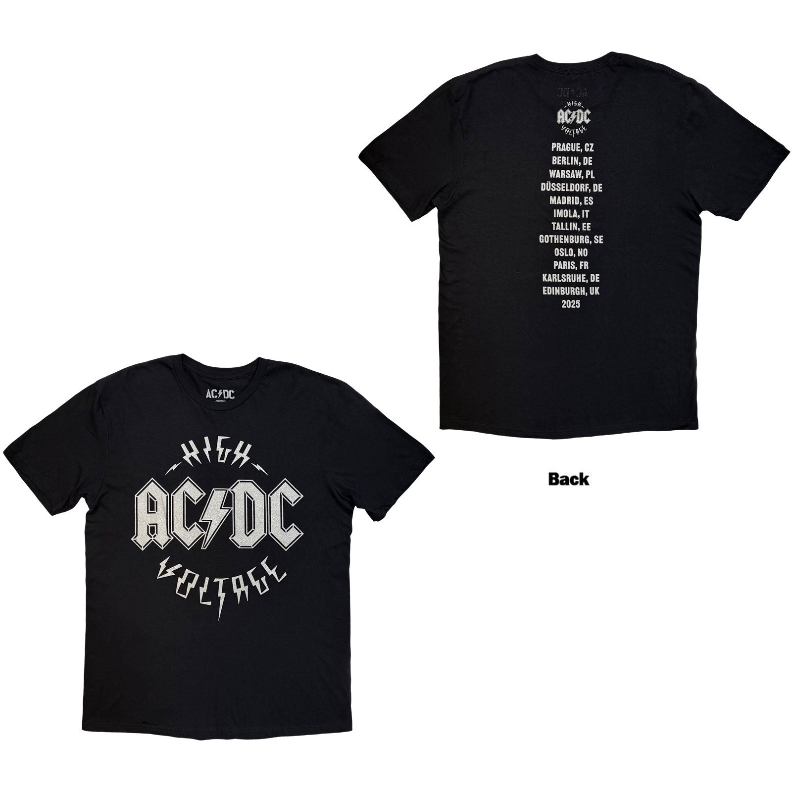AC/DC Unisex T-Shirt: Silver High Voltage EU Tour '25 (Black) (Back Print & Ex-Tour)