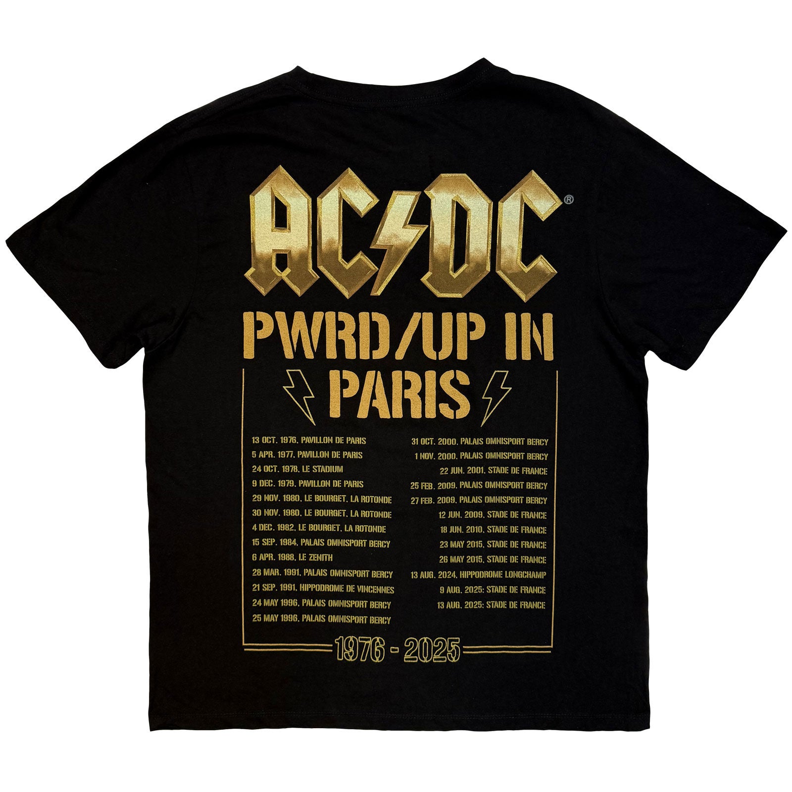 AC/DC Unisex T-Shirt: PWR'D-UP In Paris EU Tour '25 (Black) (Back Print & Ex-Tour)