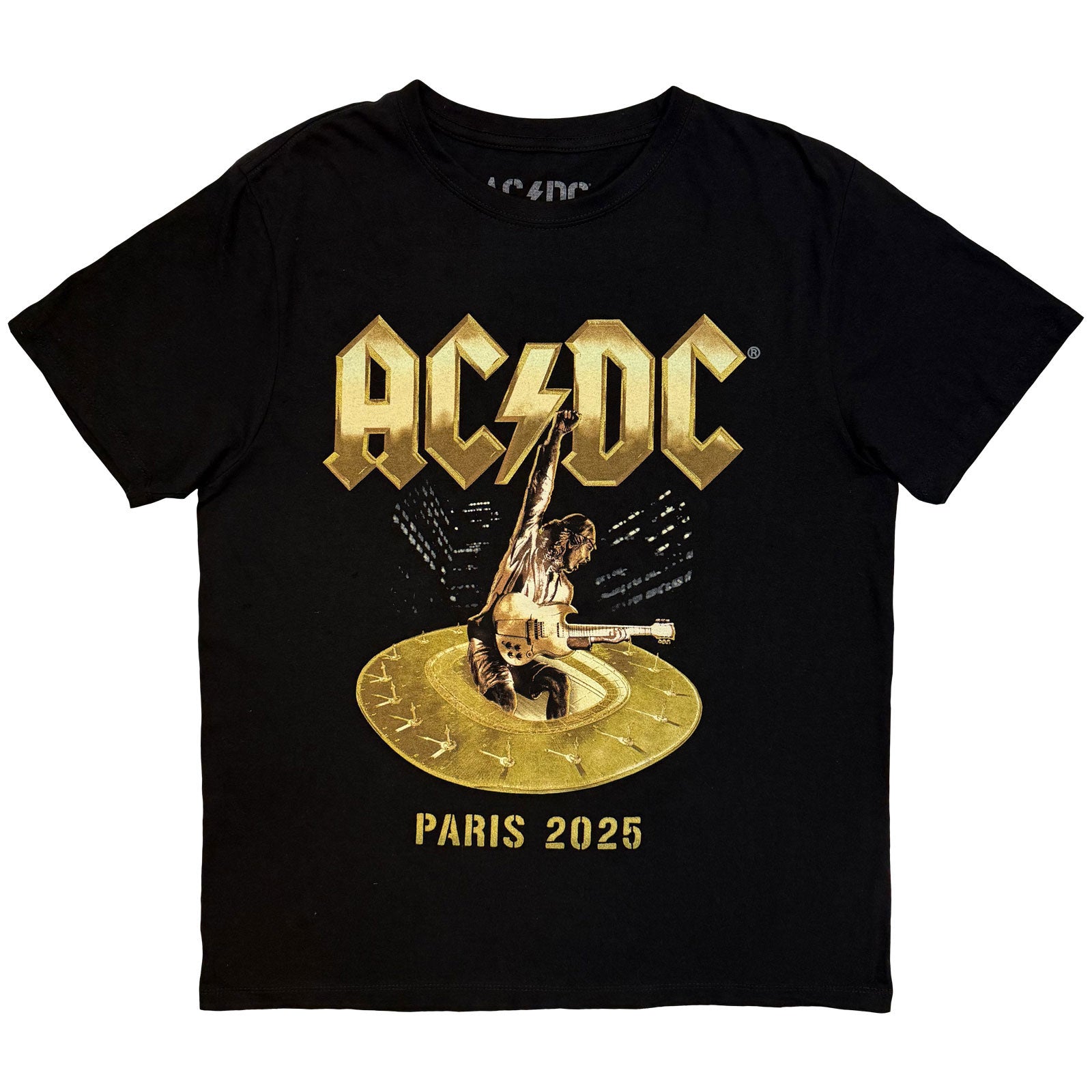 AC/DC Unisex T-Shirt: PWR'D-UP In Paris EU Tour '25 (Black) (Back Print & Ex-Tour)