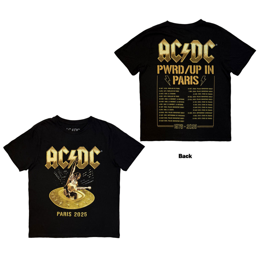 AC/DC Unisex T-Shirt: PWR'D-UP In Paris EU Tour '25 (Black) (Back Print & Ex-Tour)