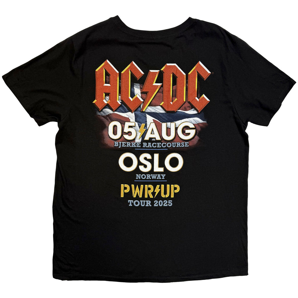AC/DC Unisex T-Shirt: PWR'D-UP Norway EU Tour '25 (Black) (Back Print & Ex-Tour)