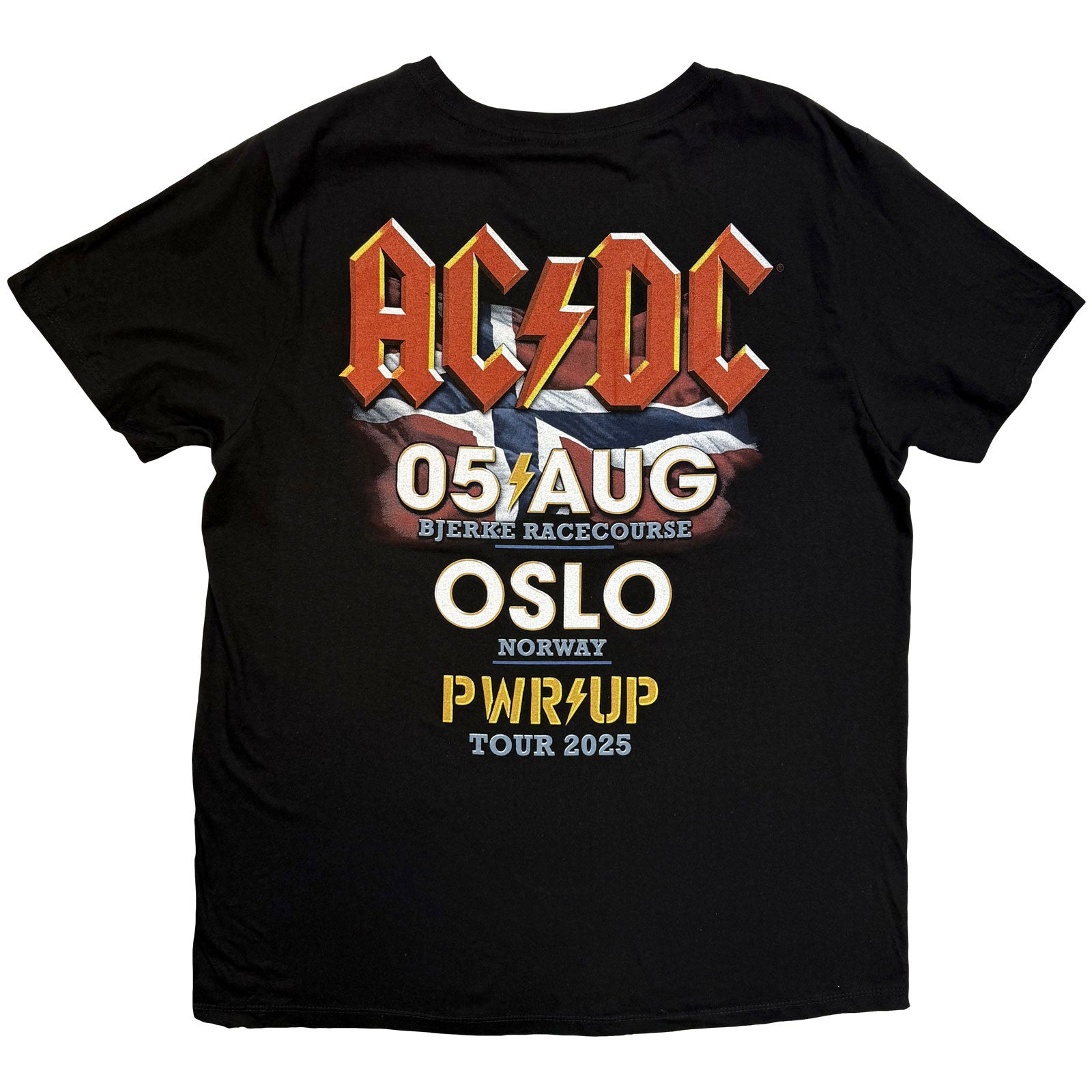 AC/DC Unisex T-Shirt: PWR'D-UP Norway EU Tour '25 (Black) (Back Print & Ex-Tour)