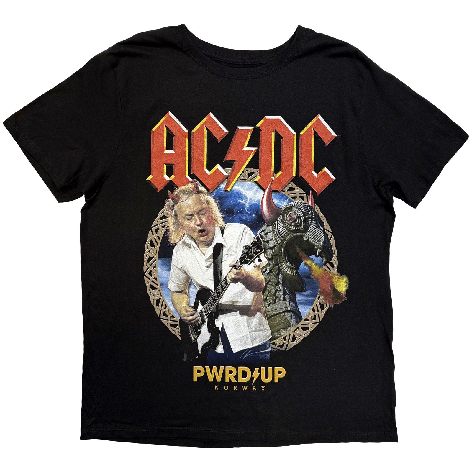 AC/DC Unisex T-Shirt: PWR'D-UP Norway EU Tour '25 (Black) (Back Print & Ex-Tour)