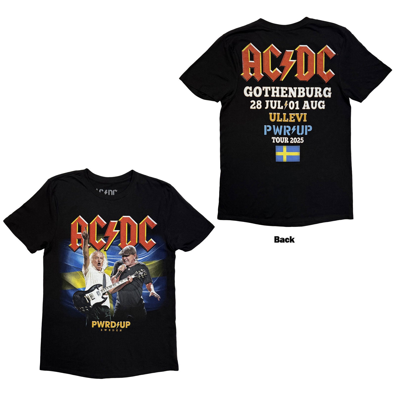 AC/DC Unisex T-Shirt: PWR'D-UP Sweden EU Tour '25 (Black) (Back Print & Ex-Tour)