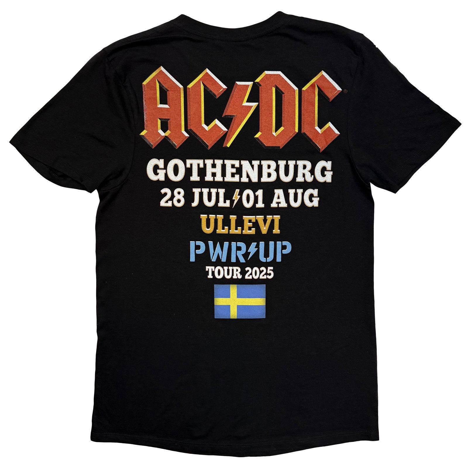 AC/DC Unisex T-Shirt: PWR'D-UP Sweden EU Tour '25 (Black) (Back Print & Ex-Tour)