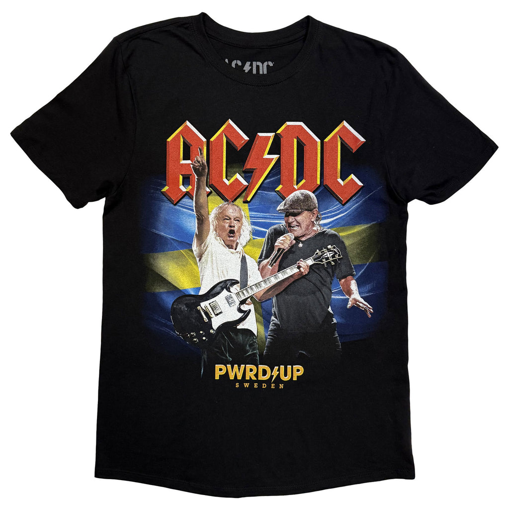 AC/DC Unisex T-Shirt: PWR'D-UP Sweden EU Tour '25 (Black) (Back Print & Ex-Tour)