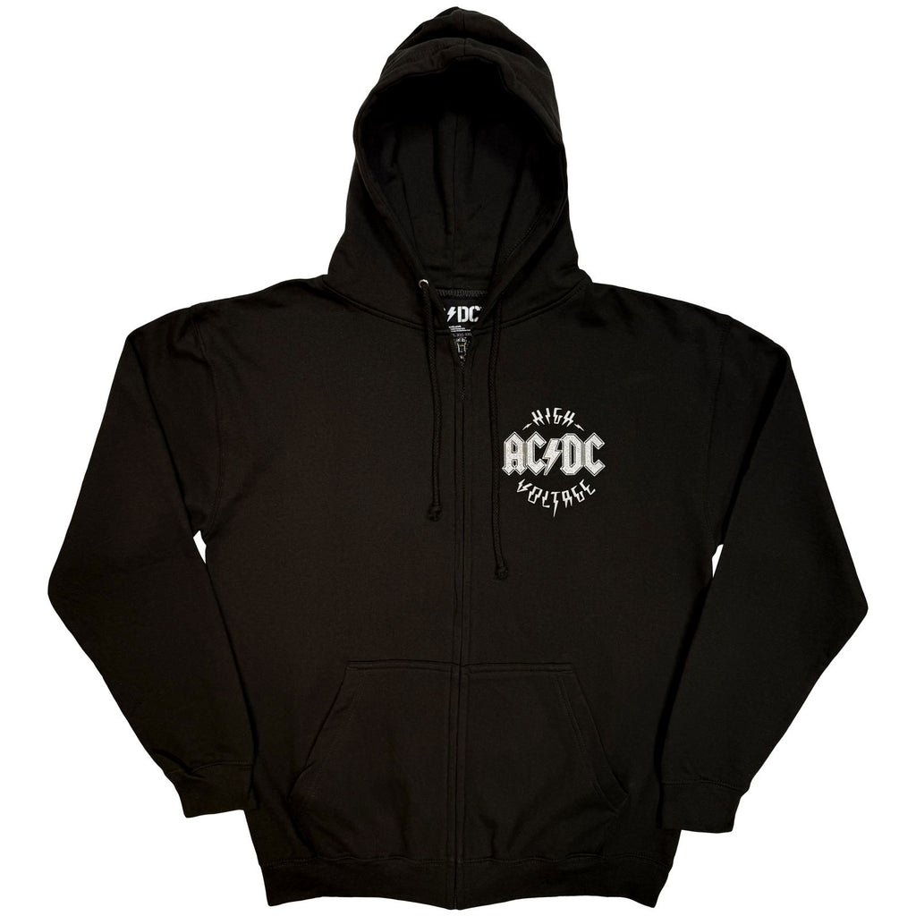 AC/DC Unisex Zipped Hoodie: Silver High Voltage EU Tour '25 (Black) (Back Print & Ex-Tour)