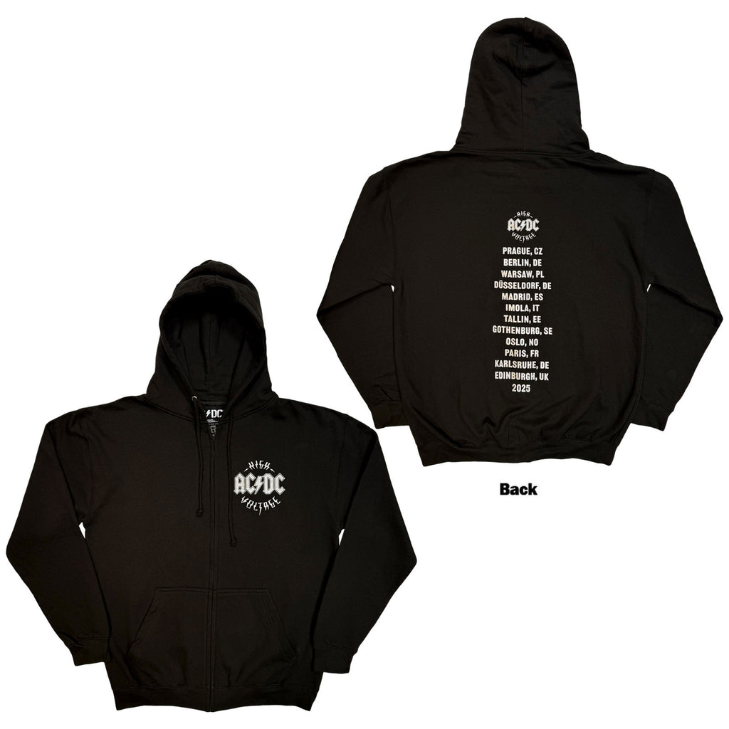 AC/DC Unisex Zipped Hoodie: Silver High Voltage EU Tour '25 (Black) (Back Print & Ex-Tour)