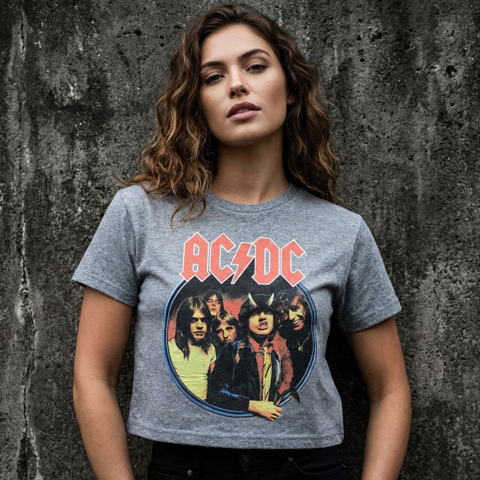 AC/DC Ladies Crop Top: Highway To Hell Circle (Grey)