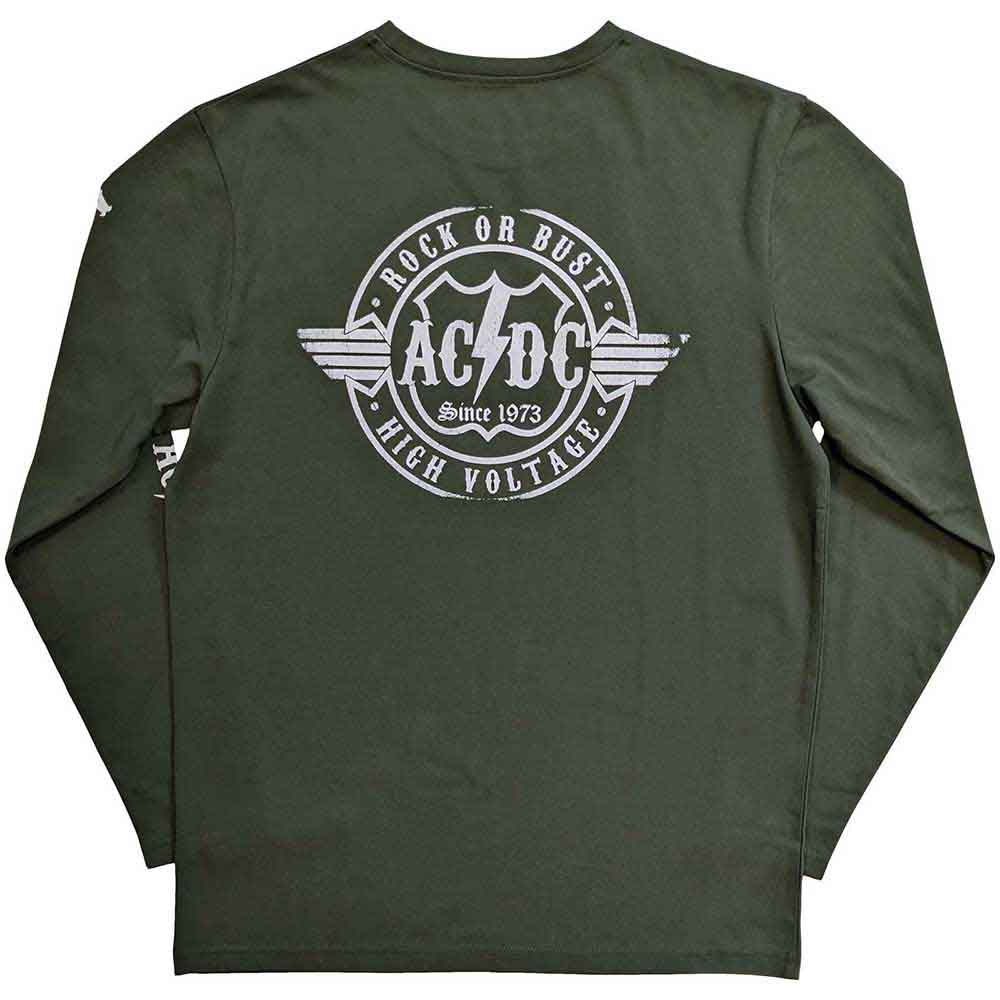 AC/DC Unisex Long Sleeve T-Shirt: Rock Or Bust (Green) (Back & Sleeve Print)