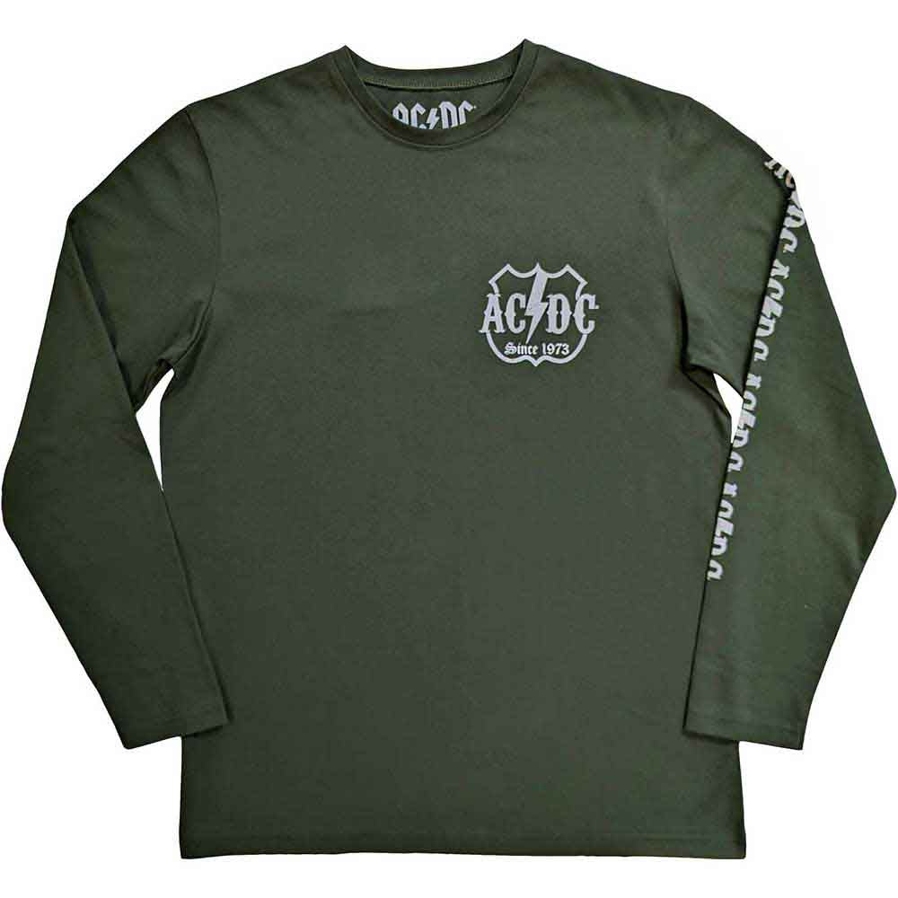 AC/DC Unisex Long Sleeve T-Shirt: Rock Or Bust (Green) (Back & Sleeve Print)