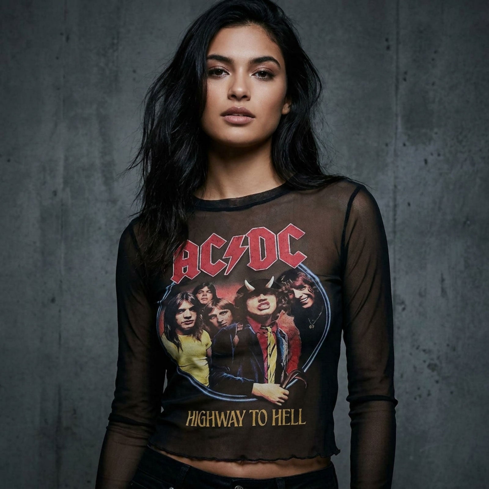 AC/DC Ladies Long Sleeve Mesh Crop Top: Highway To Hell (Black)