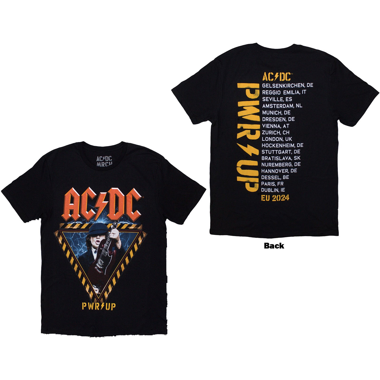 AC/DC Unisex T-Shirt: Angus Triangle PWR-UP EU Tour '26 (Black) (Back Print & Ex-Tour)
