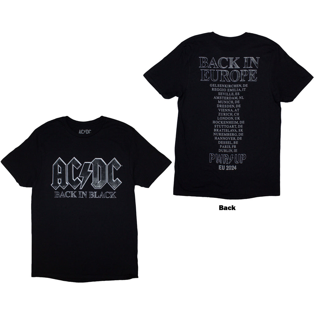 AC/DC Unisex T-Shirt: Back In Black PWR-UP EU Tour '24 (Black) (Back Print & Ex-Tour)