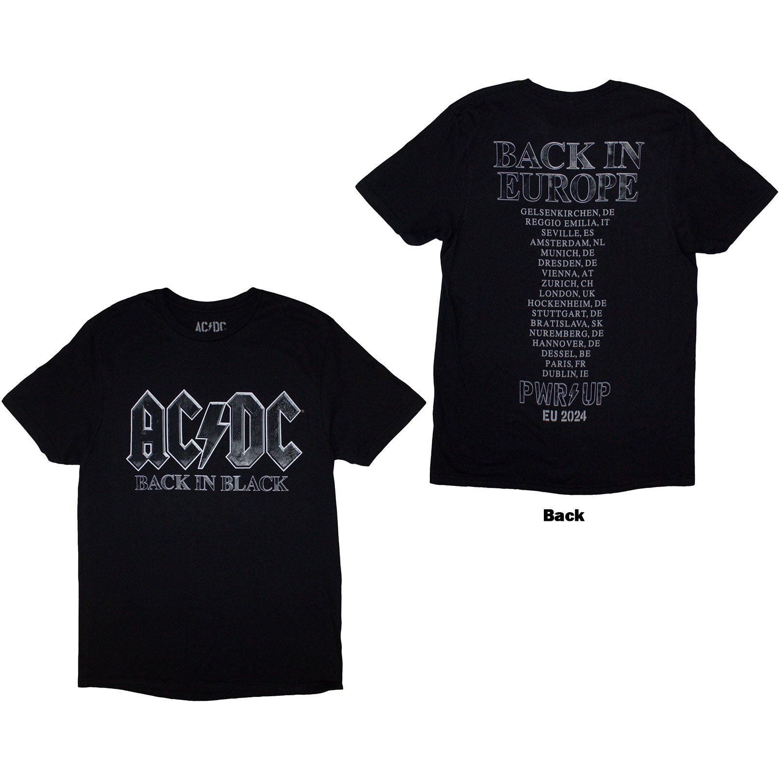 AC/DC Unisex T-Shirt: Back In Black PWR-UP EU Tour '24 (Black) (Back Print & Ex-Tour)