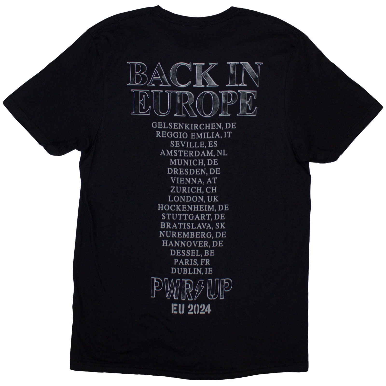 AC/DC Unisex T-Shirt: Back In Black PWR-UP EU Tour '24 (Black) (Back Print & Ex-Tour)