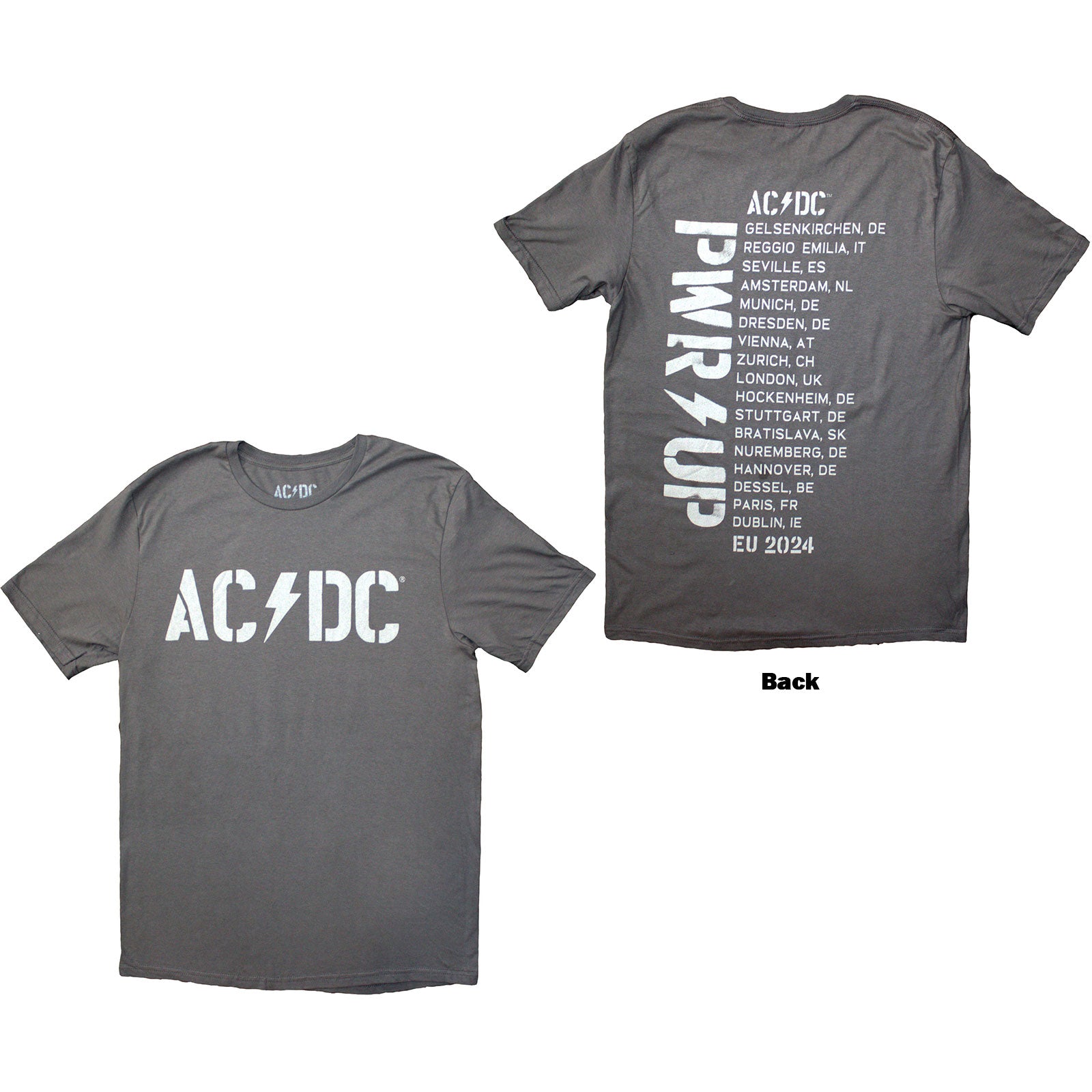 AC/DC Unisex T-Shirt: Logo PWR-UP EU Tour '24 (Grey) (Back Print & Ex-Tour)