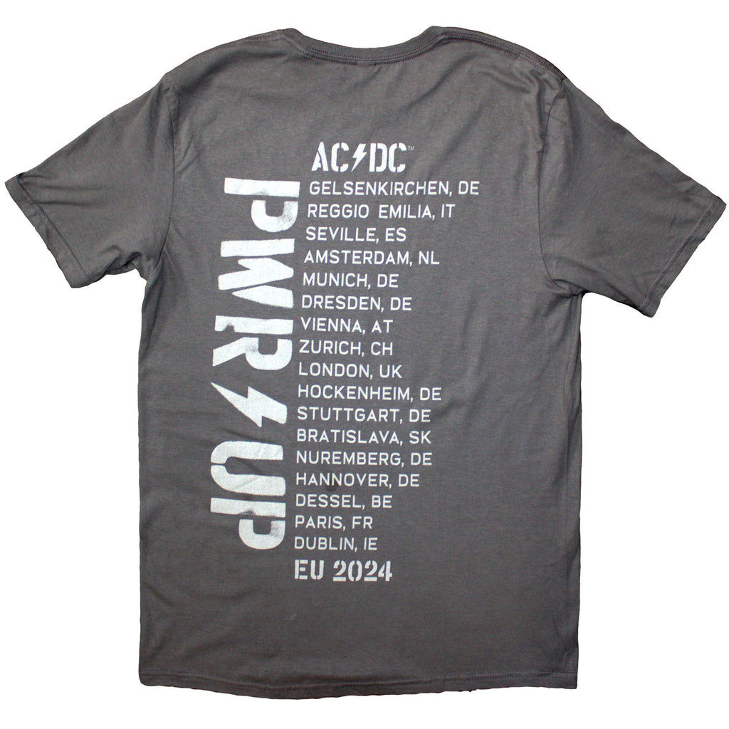 AC/DC Unisex T-Shirt: Logo PWR-UP EU Tour '24 (Grey) (Back Print & Ex-Tour)