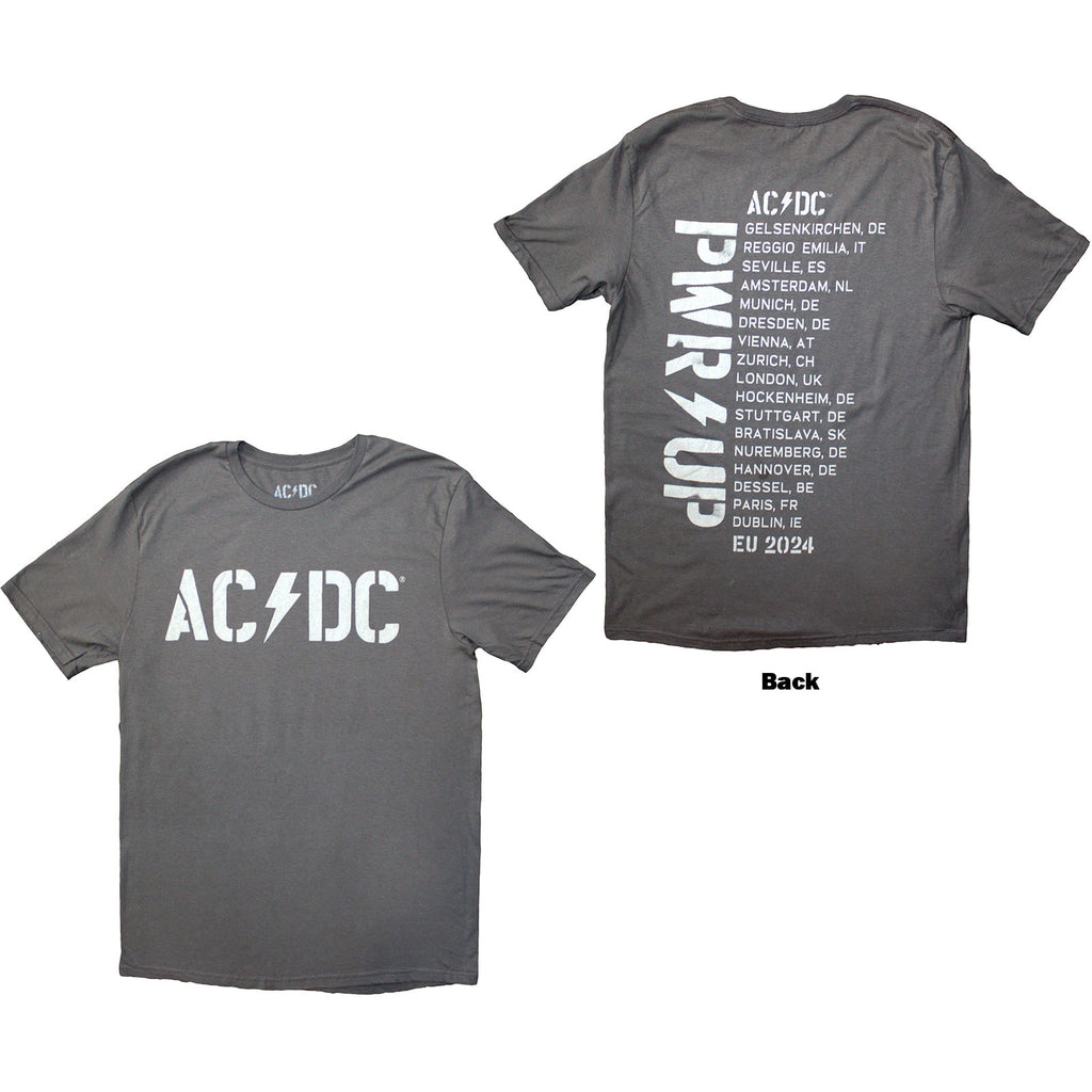 AC/DC Unisex T-Shirt: Logo PWR-UP EU Tour '24 (Grey) (Back Print & Ex-Tour)