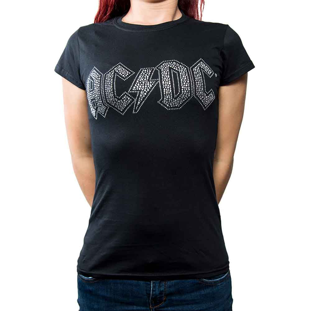 AC/DC Ladies T-Shirt: Logo (Black) (Embellished)