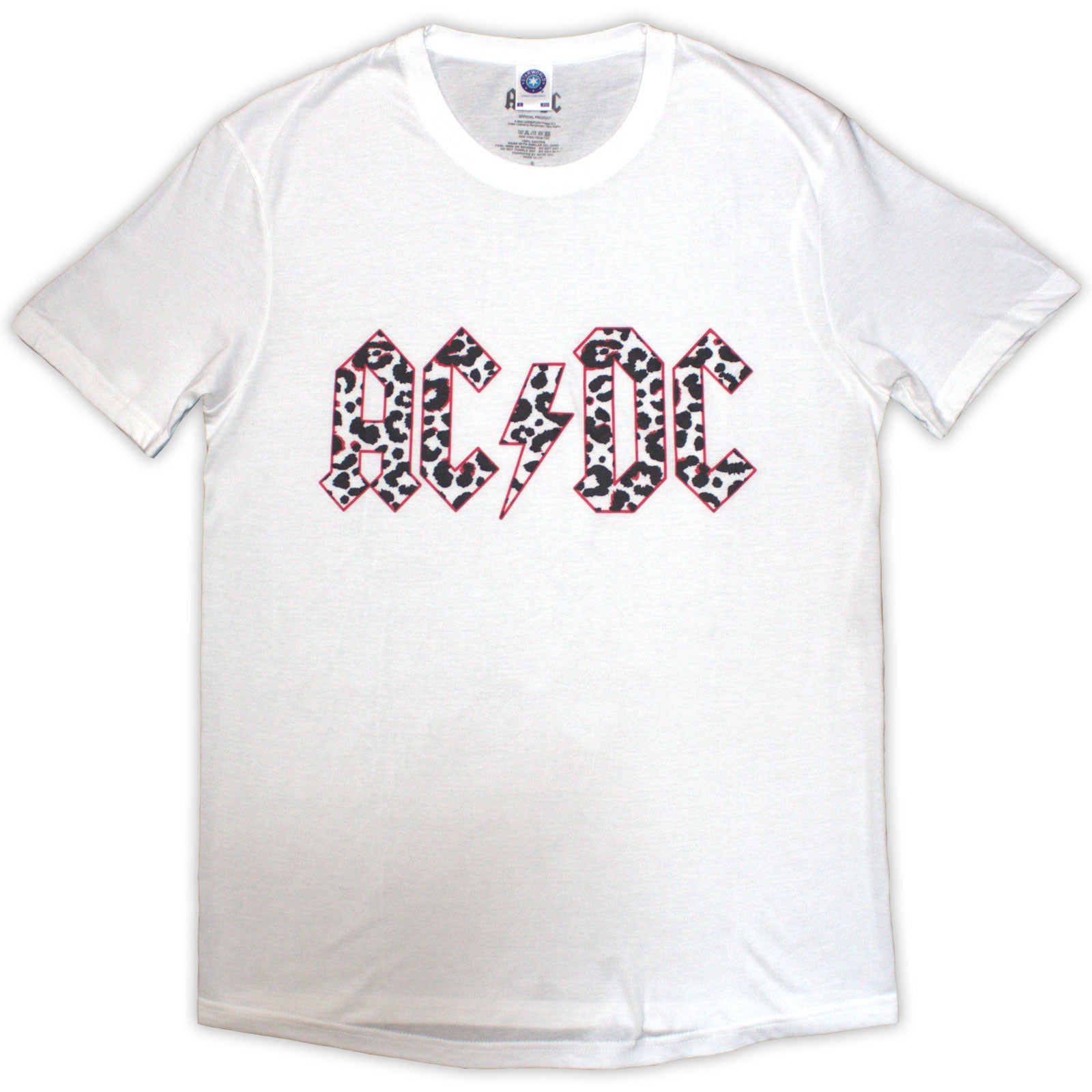 AC/DC Ladies T-Shirt: Mono Leopard Print Logo (White)