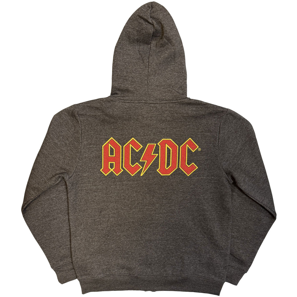 AC/DC Unisex Zipped Hoodie: Logo (Charcoal Grey) (Back Print)