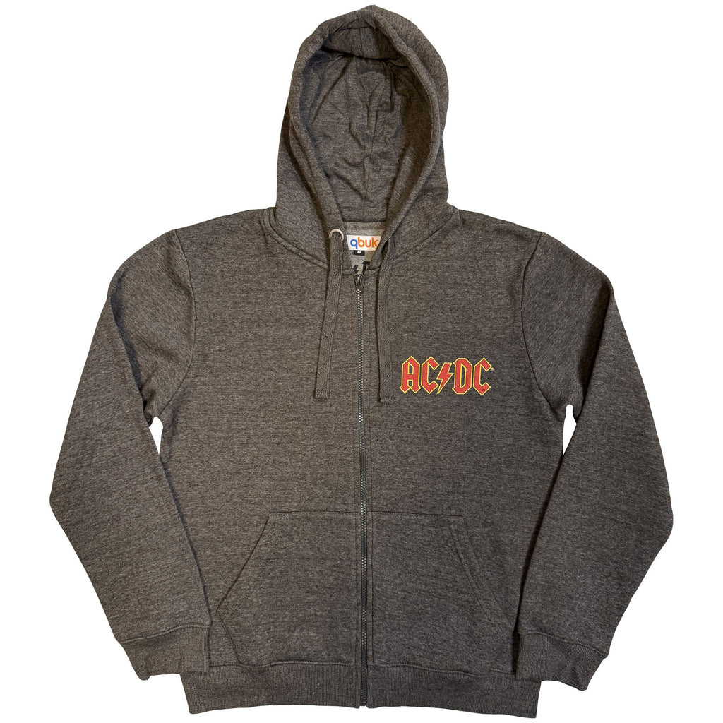 AC/DC Unisex Zipped Hoodie: Logo (Charcoal Grey) (Back Print)