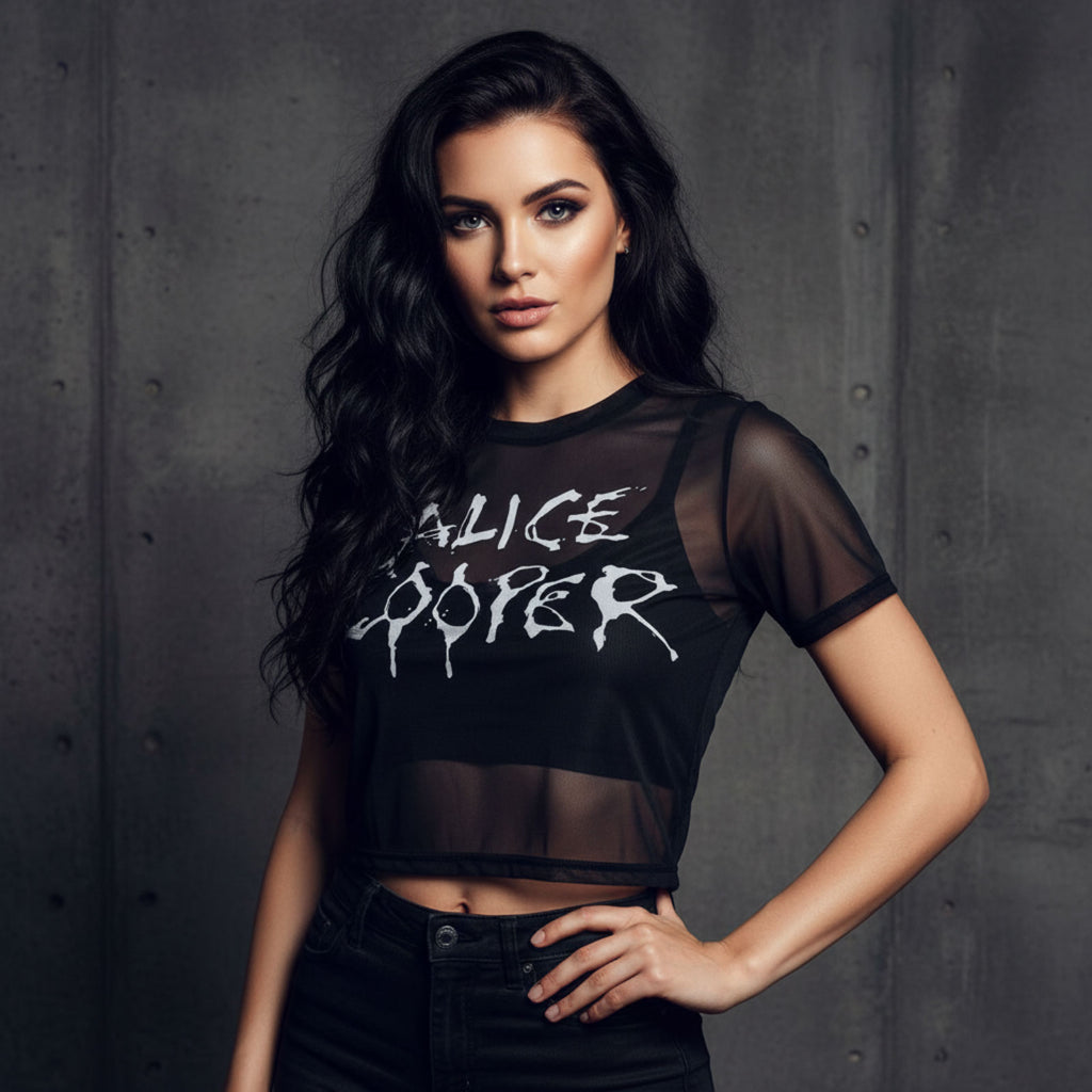 Alice Cooper Ladies Mesh Crop Top: Dripping Logo (Black)
