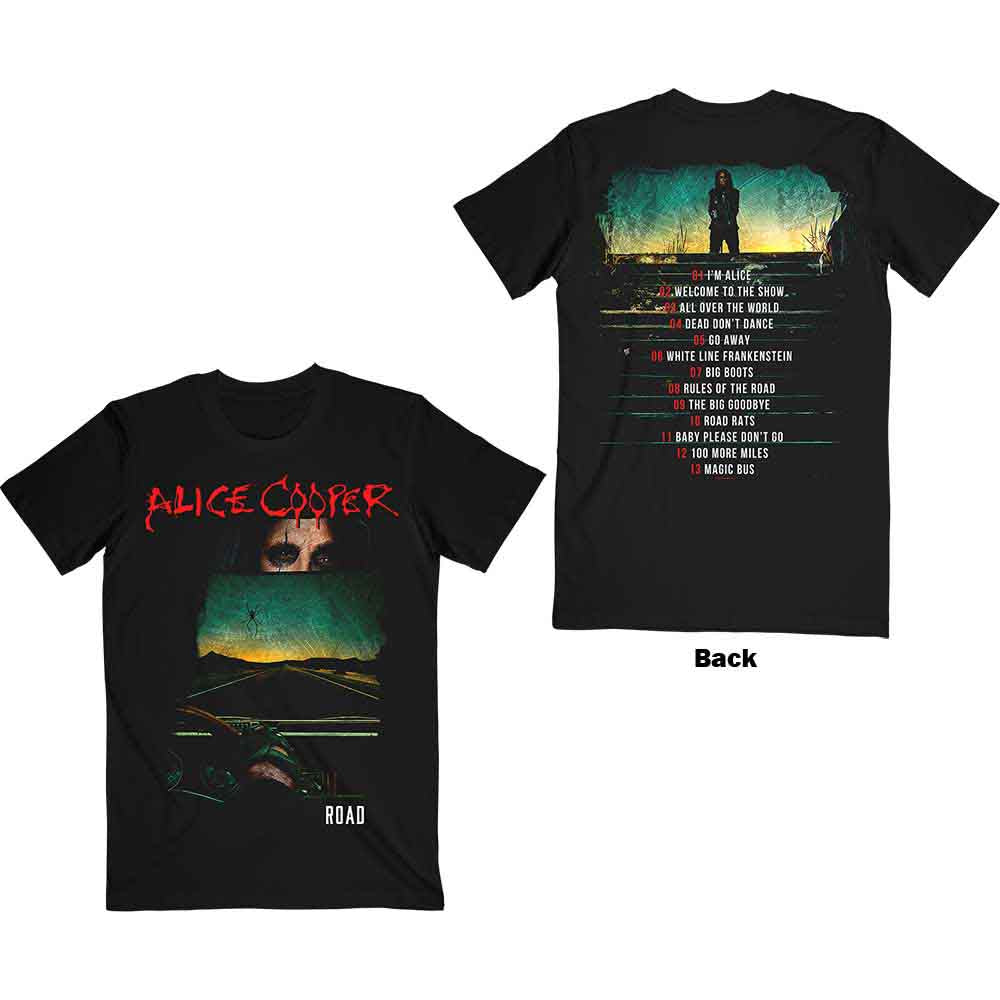 Alice Cooper Unisex T-Shirt: Road Cover Tracklist (Black) (Back Print)