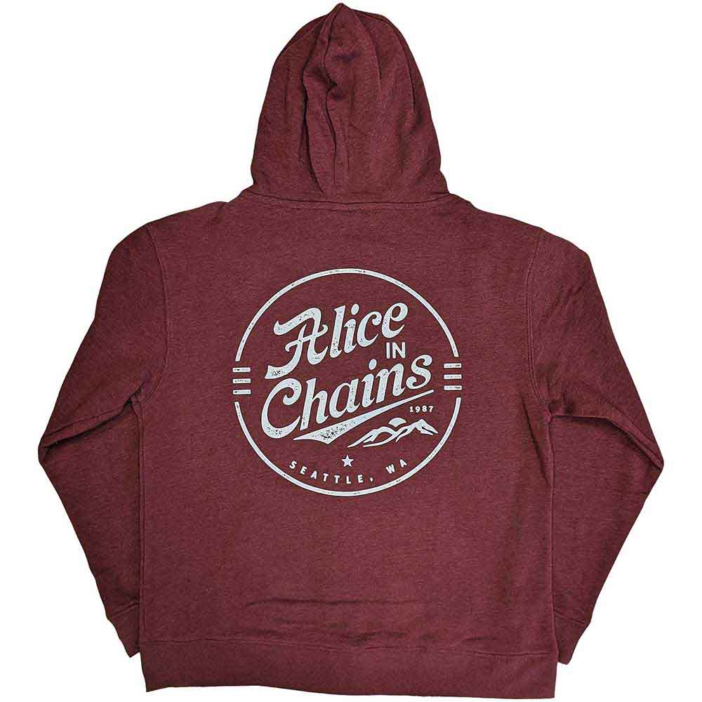 Alice In Chains Unisex Zipped Hoodie: Circle Emblem (Maroon Red) (Back Print)