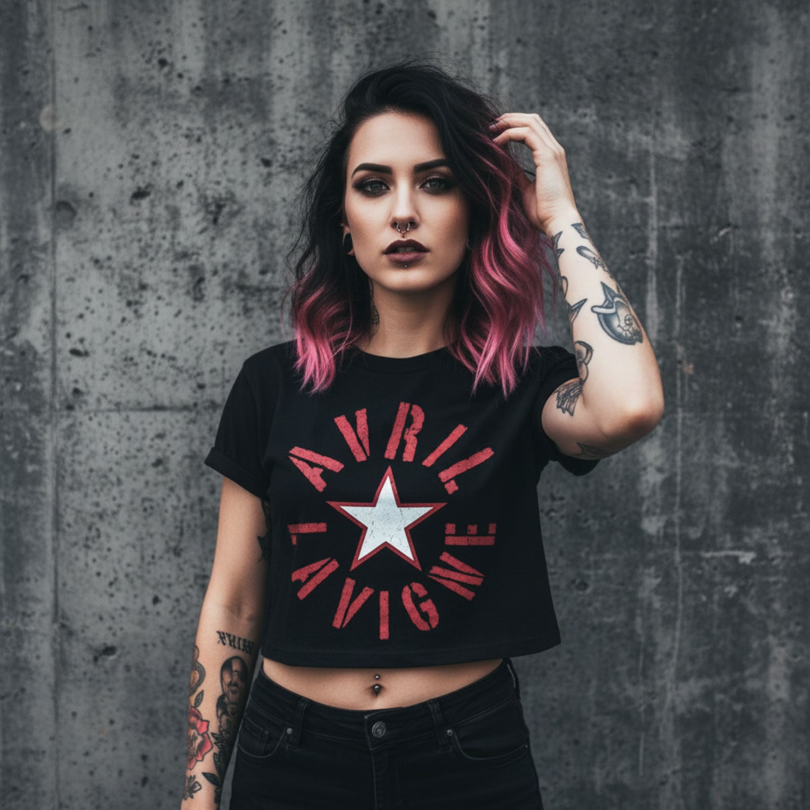 Avril Lavigne Ladies Crop Top: Stencil Logo (Black)