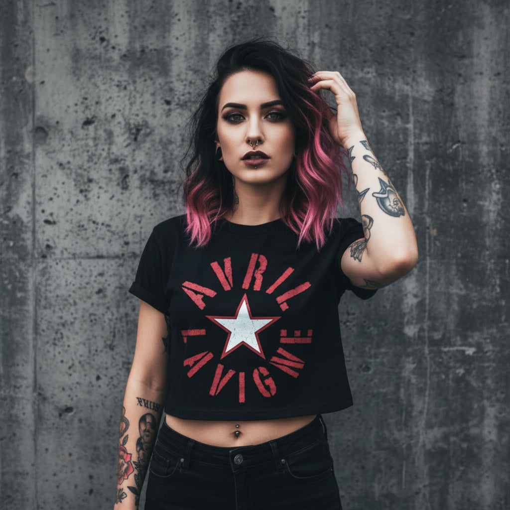 Avril Lavigne Ladies Crop Top: Stencil Logo (Black)